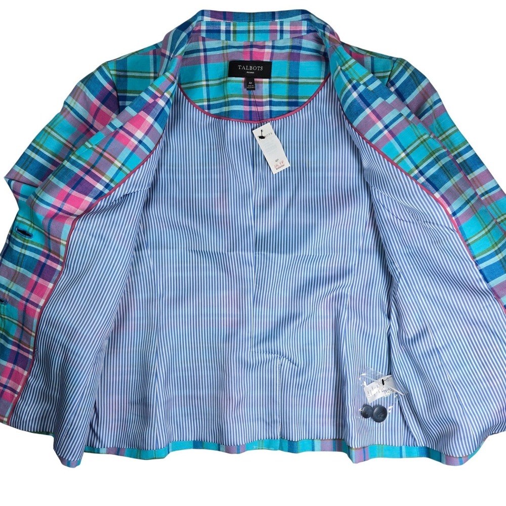 Talbots Petite 4P Madras Plaid Linen Blend Blazer Blue Pink Green Ruffle Cuff - Picture 6 of 10